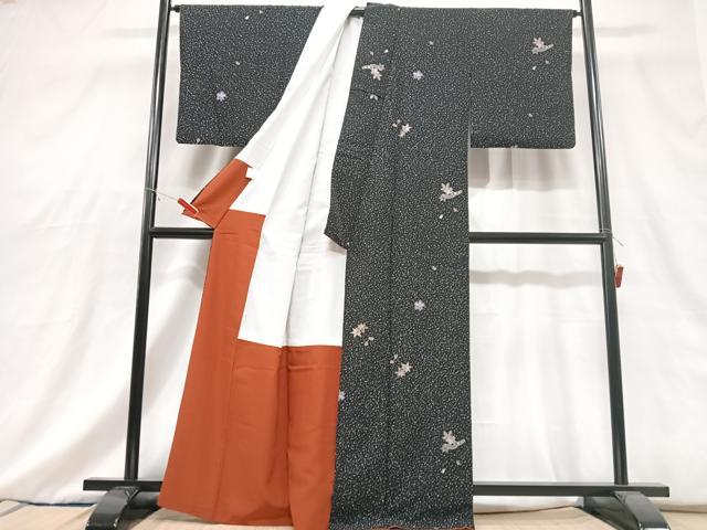 平和屋着物■小紋 舞花文 黒地 洗える着物 CABG6727xe