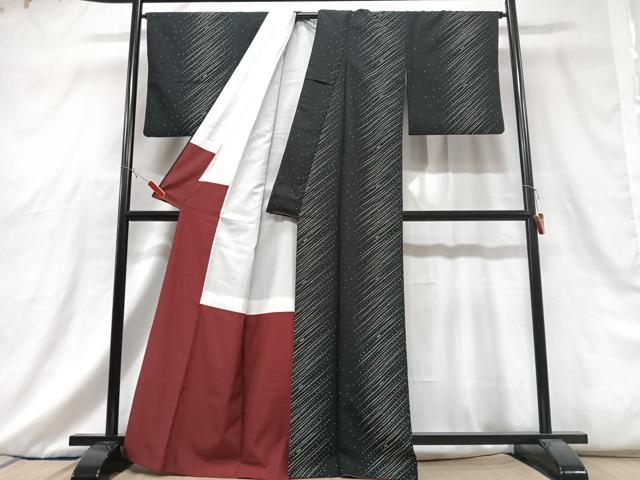 平和屋着物■小紋 幾何学文様 黒地 洗える着物 CABG6728xe