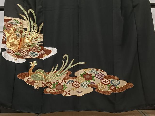 平和屋着物■豪華黒留袖 駒刺繍 尾長鳥花文 金彩 正絹 逸品 CABG6809xi