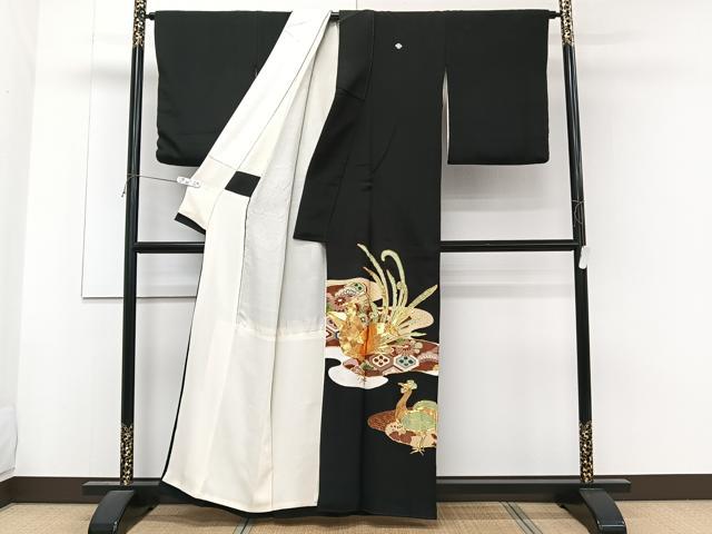 平和屋着物■豪華黒留袖 駒刺繍 尾長鳥花文 金彩 正絹 逸品 CABG6809xi