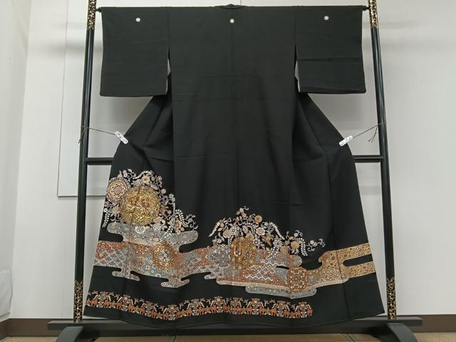 平和屋着物■豪華黒留袖 駒刺繍 鏡浦鳳凰花文 金彩 正絹 逸品 CABG6893xi