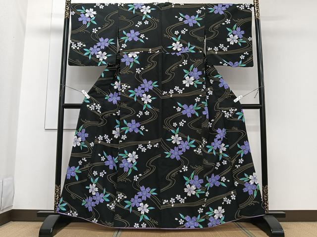 平和屋着物■小紋 流水草花文 黒地 胴抜き仕立て 洗える着物 CABG6931xi