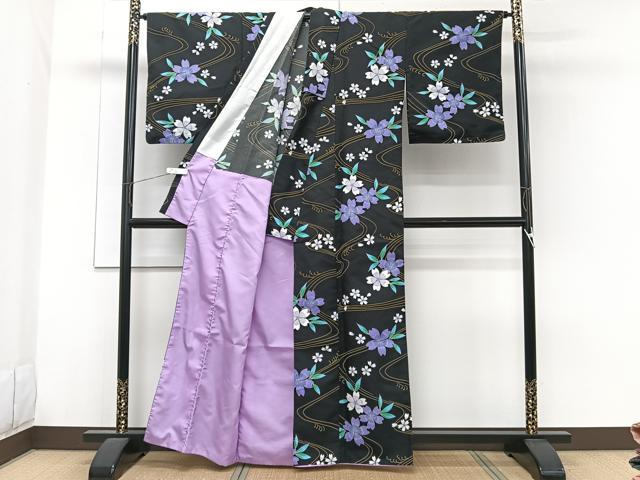 平和屋着物■小紋 流水草花文 黒地 胴抜き仕立て 洗える着物 CABG6931xi