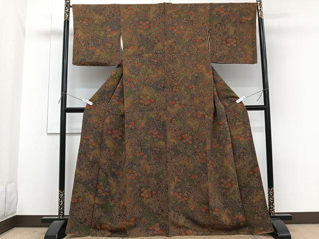平和屋着物■上質な小紋 草花文 鬼しぼ縮緬 カラー銅色:浅黄色 正絹 逸品 CABG7137xi