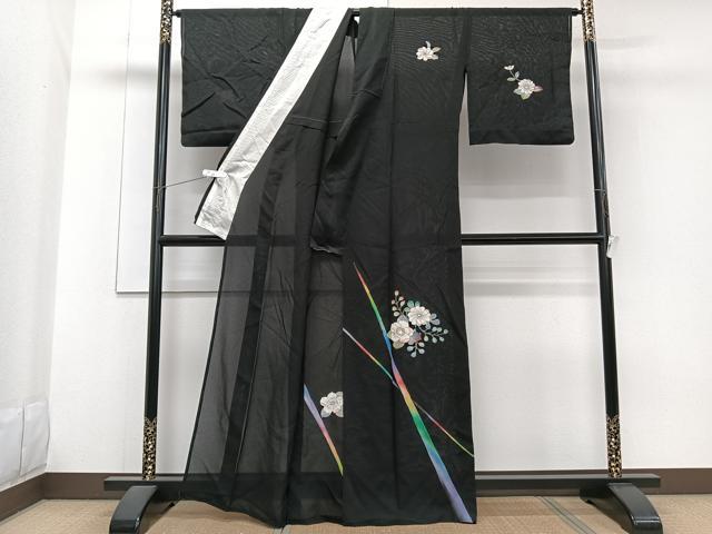 平和屋着物*夏物 訪問着 菱紋紗 辻が花 黒地 金彩 正絹 逸品 CABG7174xi