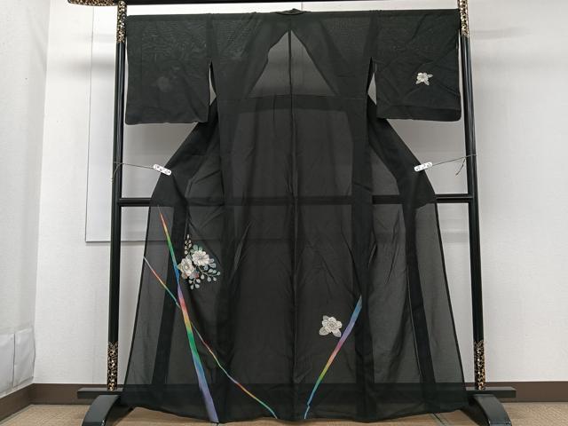 平和屋着物*夏物 訪問着 菱紋紗 辻が花 黒地 金彩 正絹 逸品 CABG7174xi