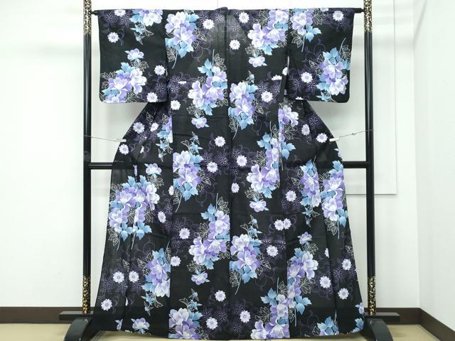平和屋着物∴夏物 浴衣 草花文 黒地 綿 逸品 CABG7216rv