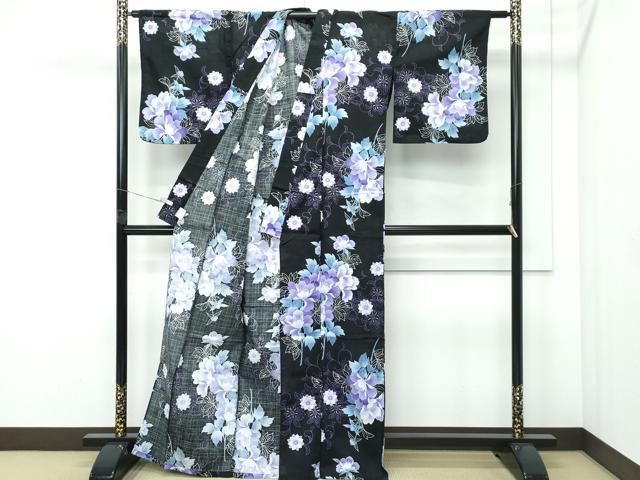 平和屋着物∴夏物 浴衣 草花文 黒地 綿 逸品 CABG7216rv