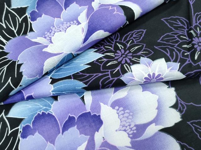 平和屋着物∴夏物 浴衣 草花文 黒地 綿 逸品 CABG7216rv