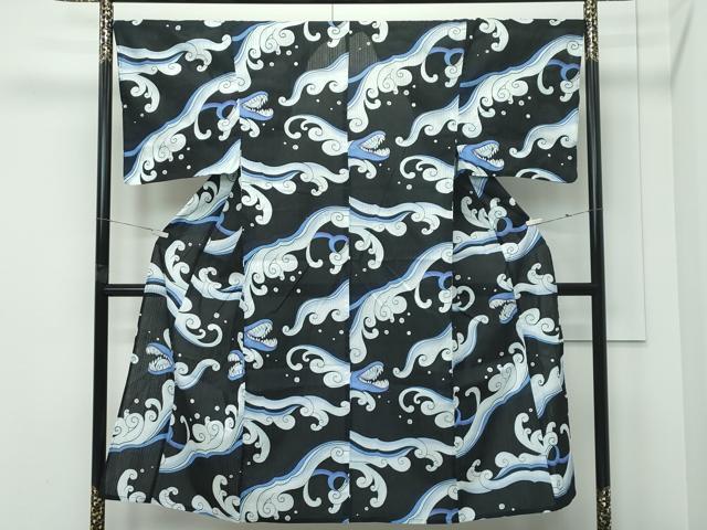平和屋着物∴夏物 男性 浴衣 立波文 黒地 綿 逸品 CABG7223rv