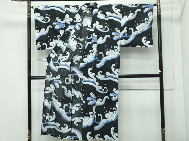平和屋着物∴夏物 男性 浴衣 立波文 黒地 綿 逸品 CABG7223rv