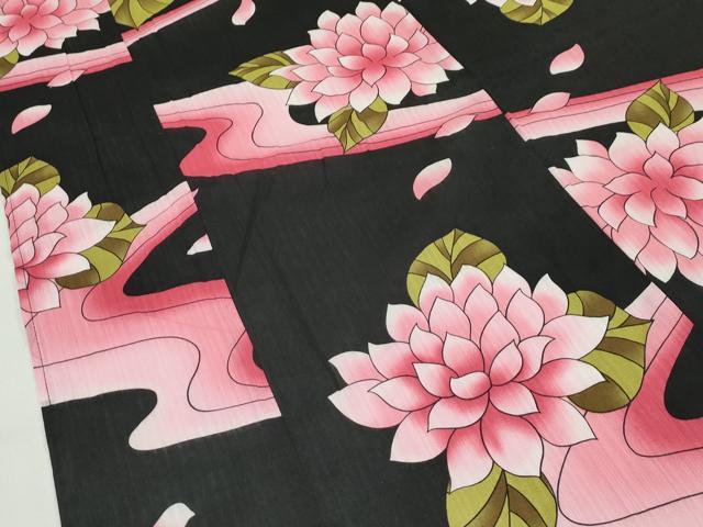 平和屋着物∴夏物 男性 浴衣 流水草花文 黒地 綿 逸品 CABG7237rv