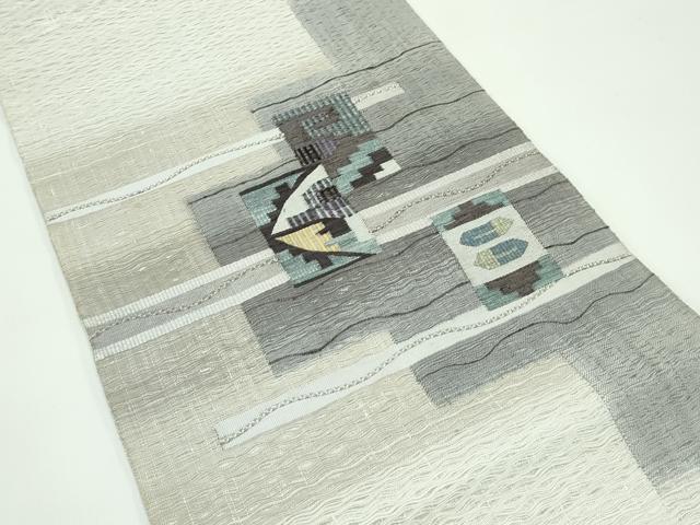 平和屋着物▽太鼓柄袋帯 スリーシーズン 春夏秋 すくい織 幾何学文様 銀糸 正絹 逸品 未使用 CABG7244rv