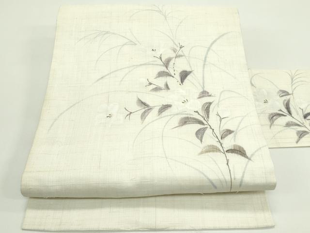 平和屋着物*夏物 九寸名古屋帯 手描き 草花文 麻 逸品 CABG7355rv