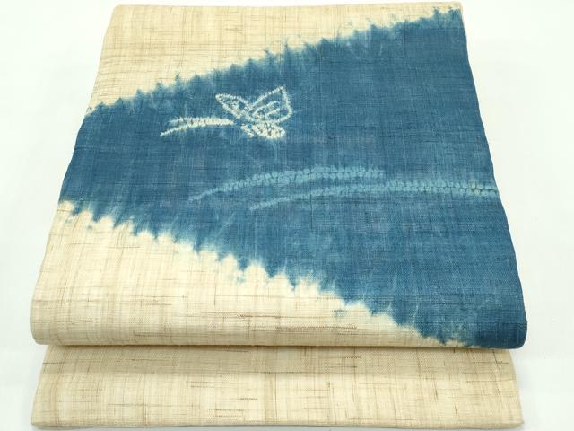 平和屋着物*夏物 九寸開き名古屋帯 絞り 藍 舞蝶文 麻 逸品 CABG7377rv