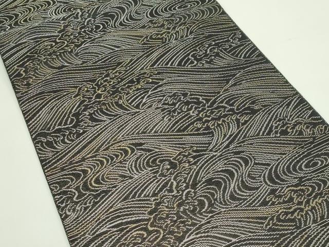 平和屋着物*夏物 八寸名古屋帯 立波文 黒地 金銀糸 正絹 逸品 未使用 CABG7402rv