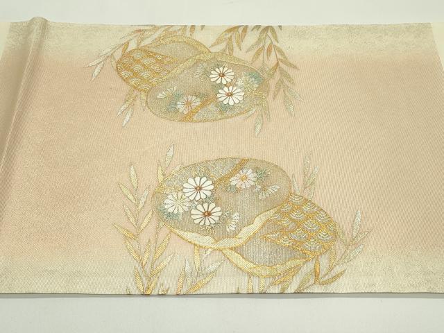 平和屋着物*夏物 九寸開き名古屋帯 駒刺繍 貝合わせ草花文 金糸 正絹 逸品 CABG7409rv