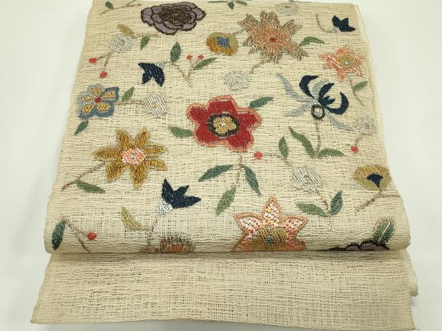 平和屋着物*夏物 八寸名古屋帯 絽刺し 区限刺繍 草花文 正絹 逸品 CABG7484rv