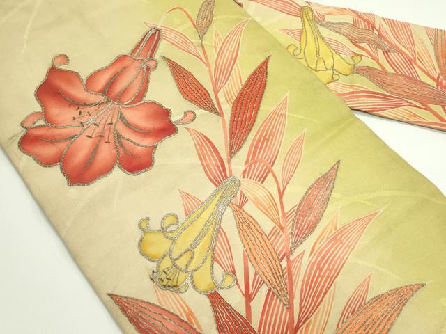 平和屋着物*夏物 アンティーク 大正ロマン 九寸名古屋帯 駒刺繍 百合 正絹 逸品 CABG7500rv