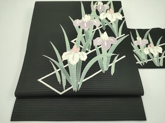 平和屋着物*夏物 絽塩瀬 九寸名古屋帯 杜若 黒地 金彩 正絹 逸品 CABG7517rv