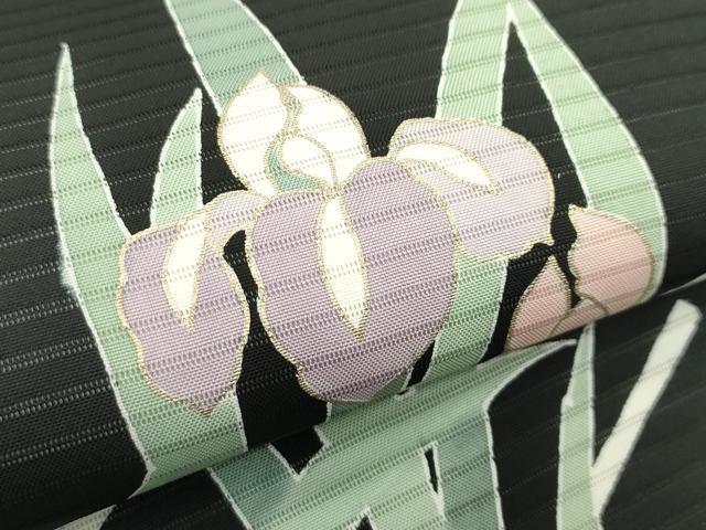 平和屋着物*夏物 絽塩瀬 九寸名古屋帯 杜若 黒地 金彩 正絹 逸品 CABG7517rv