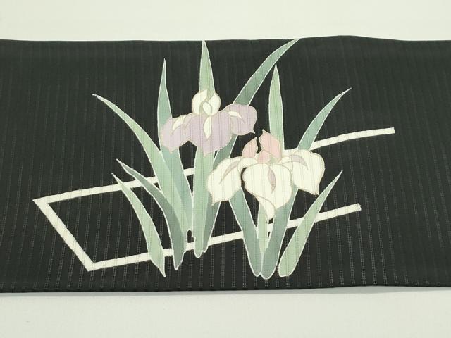 平和屋着物*夏物 絽塩瀬 九寸名古屋帯 杜若 黒地 金彩 正絹 逸品 CABG7517rv