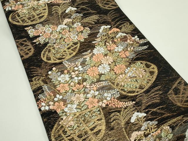 平和屋着物*夏物 六通柄袋帯 唐織 花籠文 黒地 金銀糸 正絹 逸品 CABG7559rv