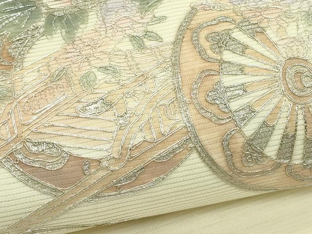 平和屋着物*夏物 九寸名古屋帯 駒刺繍 花車文 銀彩 正絹 逸品 CABG7580rv