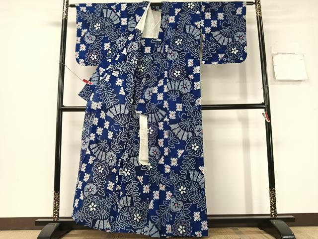平和屋着物∴夏物 浴衣 有松鳴海絞り 扇面花文 綿 逸品 CABG7616vp