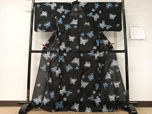 平和屋着物∴夏物 浴衣 綿紅梅 舞蝶花文 黒地 綿 逸品 CABG7624vp