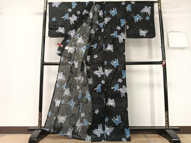 平和屋着物∴夏物 浴衣 綿紅梅 舞蝶花文 黒地 綿 逸品 CABG7624vp