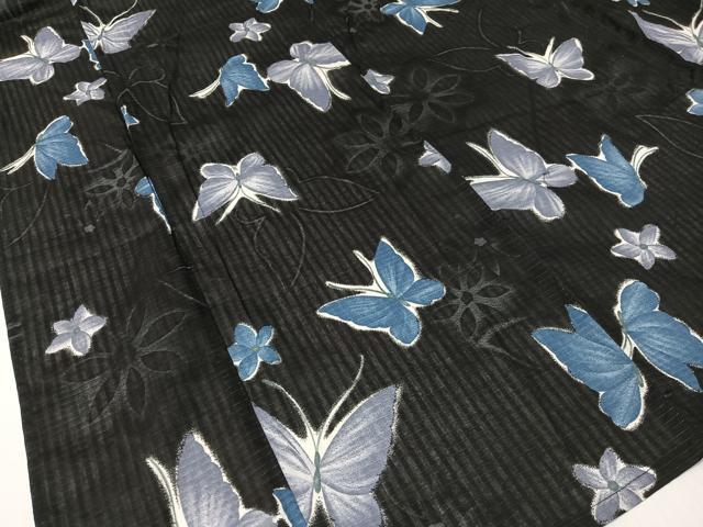 平和屋着物∴夏物 浴衣 綿紅梅 舞蝶花文 黒地 綿 逸品 CABG7624vp