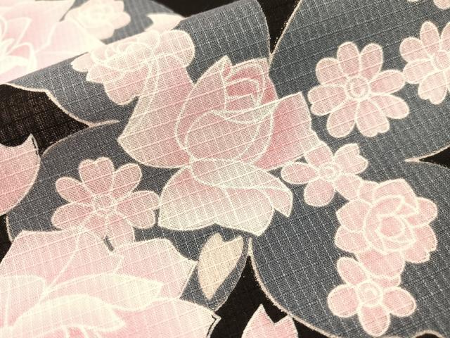 平和屋着物∴夏物 浴衣 綿紅梅 薔薇 舞蝶 黒地 銀彩 綿 逸品 CABG7635vp