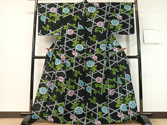 平和屋着物∴夏物 浴衣 朝顔 黒地 綿 逸品 CABG7646vp