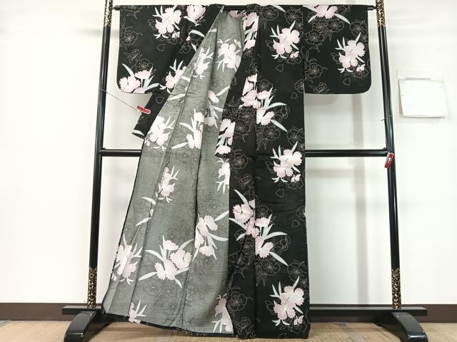 平和屋着物∴夏物 浴衣 綿紅梅 撫子 黒地 綿 逸品 CABG7647vp