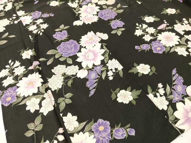 平和屋着物∴夏物 浴衣 草花文 黒地 綿 逸品 CABG7674vp
