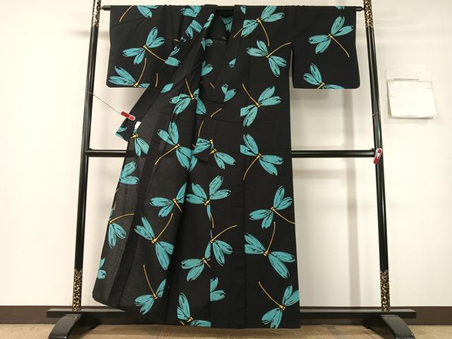 平和屋着物∴夏物 浴衣 トンボ 黒地 綿 逸品 CABG7679vp