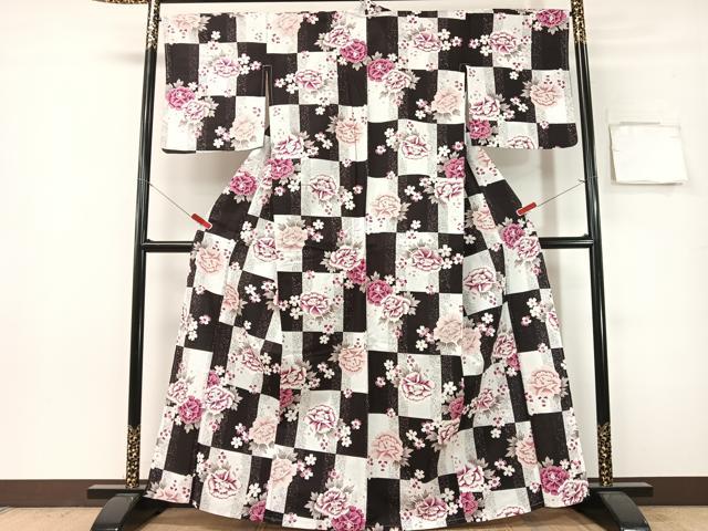 平和屋着物∴夏物 浴衣 綿紅梅 市松舞花文 金彩 綿 逸品 CABG7681vp