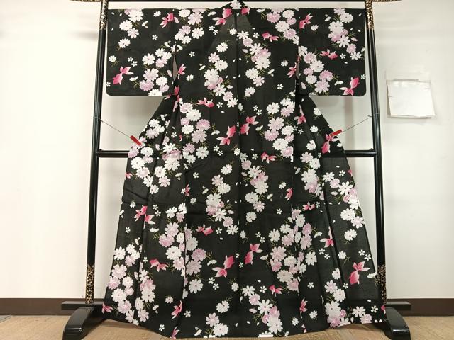 平和屋着物∴夏物 浴衣 金魚 舞花文 黒地 綿 逸品 CABG7682vp