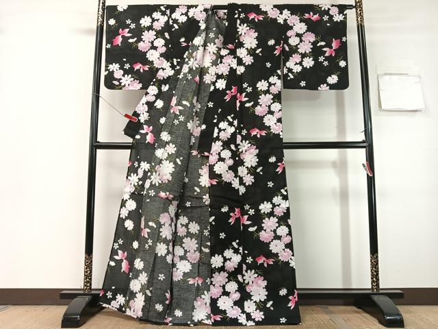 平和屋着物∴夏物 浴衣 金魚 舞花文 黒地 綿 逸品 CABG7682vp