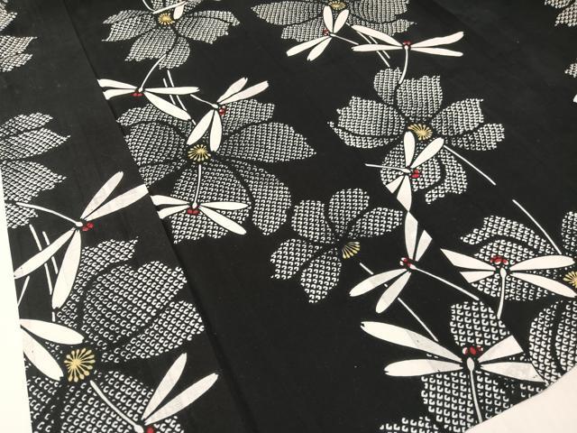 平和屋着物∴夏物 浴衣 トンボ 花 黒地 綿 逸品 CABG7685vp