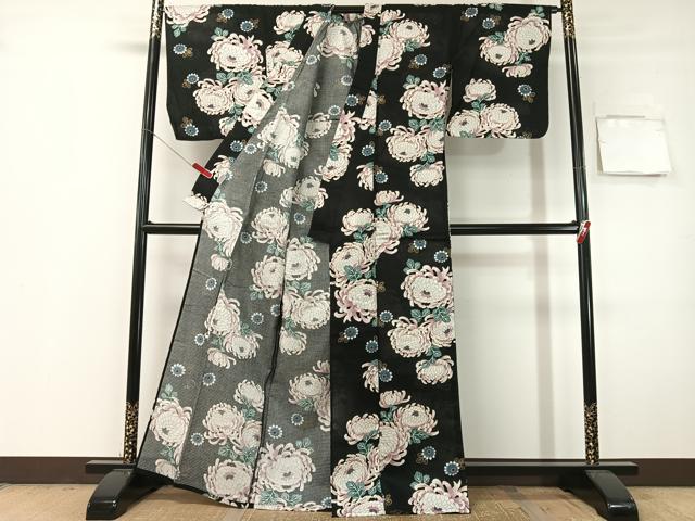 平和屋着物∴夏物 浴衣 綿紅梅 乱菊 黒地 金彩 綿 逸品 CABG7686vp
