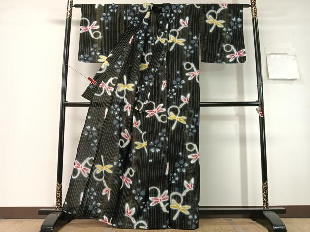平和屋着物∴夏物 浴衣 綿紅梅 トンボ 黒地 金通し地 綿 逸品 CABG7713vp
