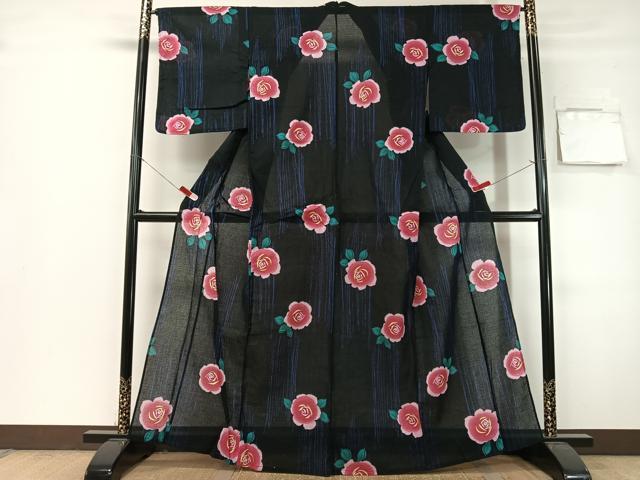 平和屋着物∴夏物 浴衣 綿紅梅 薔薇 黒地 綿 逸品 CABG7722vp