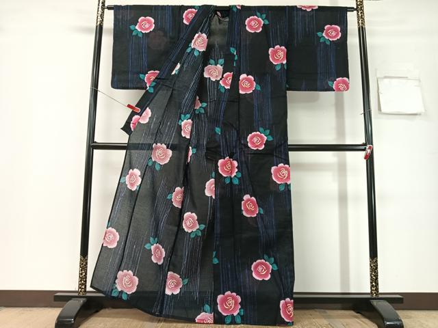 平和屋着物∴夏物 浴衣 綿紅梅 薔薇 黒地 綿 逸品 CABG7722vp