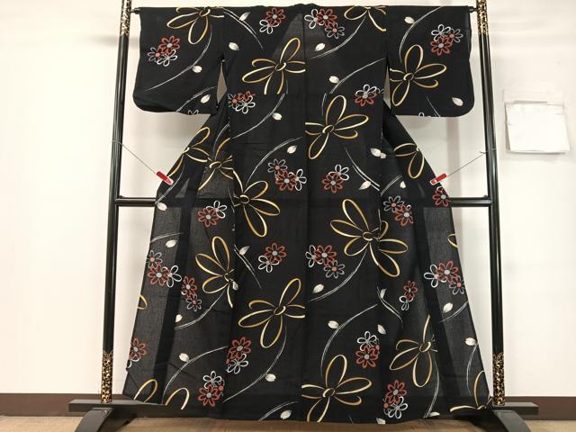 平和屋着物∴夏物 浴衣 綿紅梅 舞花文 黒地 さんび謹製 綿 逸品 CABG7726vp