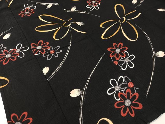 平和屋着物∴夏物 浴衣 綿紅梅 舞花文 黒地 さんび謹製 綿 逸品 CABG7726vp
