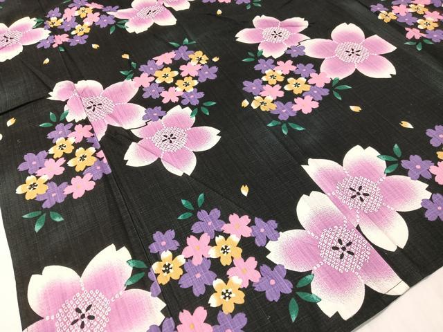 平和屋着物∴夏物 浴衣 綿紅梅 舞桜 黒地 綿 逸品 CABG7738vp