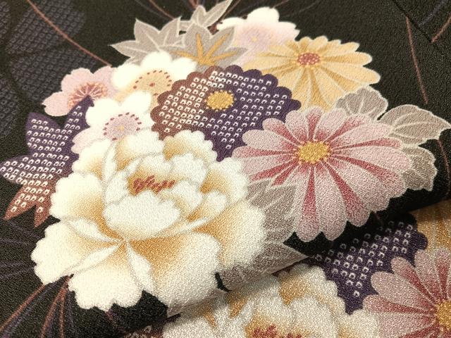 平和屋着物●小紋 束ね花文 黒地 洗える着物 CABG7742vp