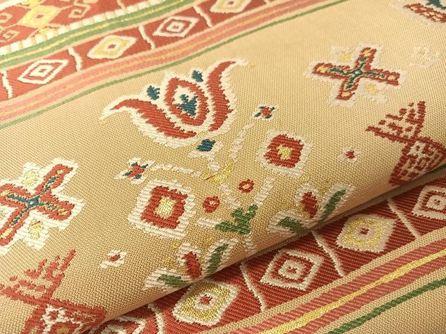 平和屋着物●六通柄 本袋帯 更紗横段文 金糸 正絹 逸品 CABG7785vp